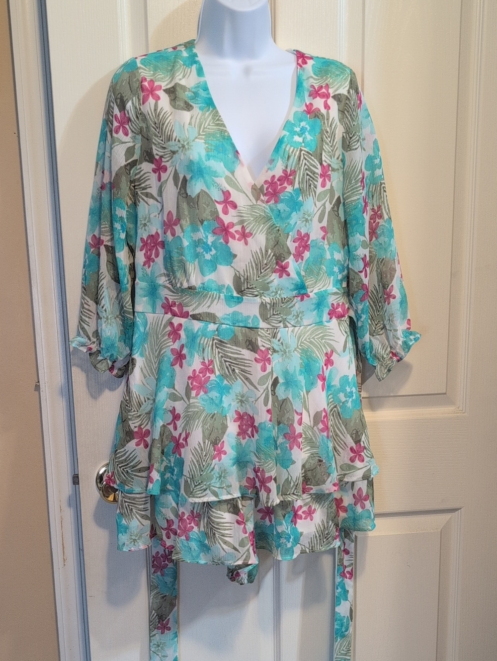Cato Teal, Pink and Cream Floral Wrap Tunic